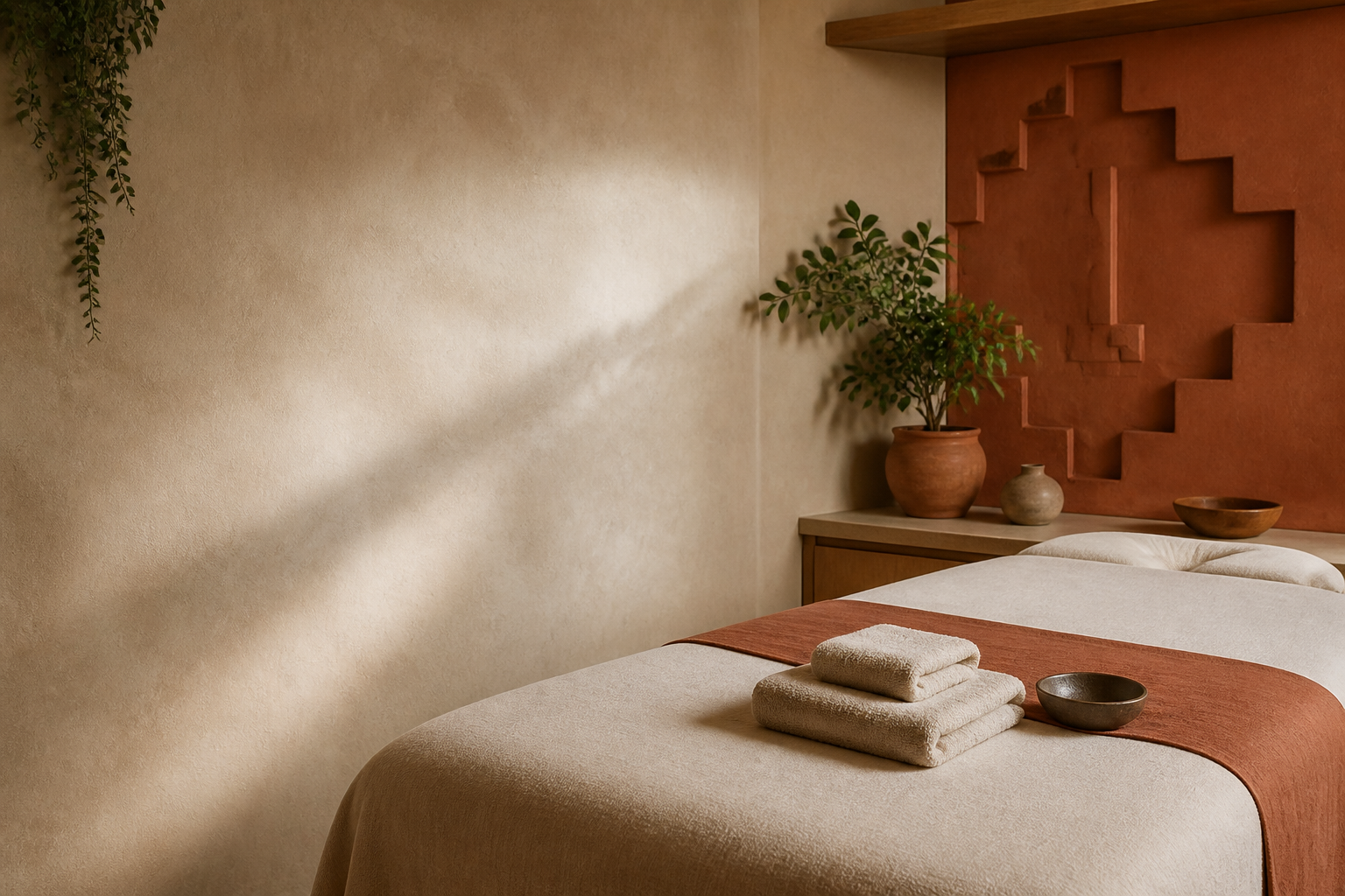 Ruhiger, warm gestalteter Massageraum in Creme- und Terrakottatönen